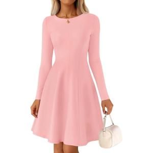 imageZESICA Womens Fall Long Sleeve Mini Dress 2025 Boat Neck Elegant Pleated A Line Flowy Wedding Guest Party Short DressesPink