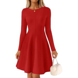 imageZESICA Womens Fall Long Sleeve Mini Dress 2025 Boat Neck Elegant Pleated A Line Flowy Wedding Guest Party Short DressesRed