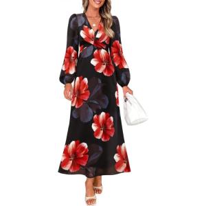 imageZESICA Womens Long Sleeve Midi Dresses 2025 Fall Square Neck Hight Wasit A Line Flowy Wedding Cocktail Party DressBlack
