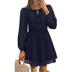 imageZESICA Womens Long Sleeve Mini Dress 2025 Fall Crewneck Tie Front Hollow Out Eyelet Babydoll A Line Short DressesNavy