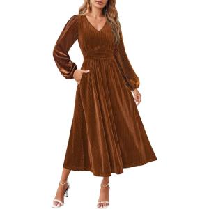 imageZESICA Womens Velvet Midi Dress 2025 Casual V Neck Long Sleeve Solid Color Elastic High Waist Flowy Evening Party DressesCaramel