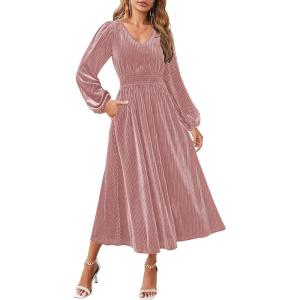 imageZESICA Womens Velvet Midi Dress 2025 Casual V Neck Long Sleeve Solid Color Elastic High Waist Flowy Evening Party DressesDusty Pink