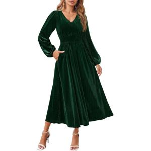 imageZESICA Womens Velvet Midi Dress 2025 Casual V Neck Long Sleeve Solid Color Elastic High Waist Flowy Evening Party DressesGreen