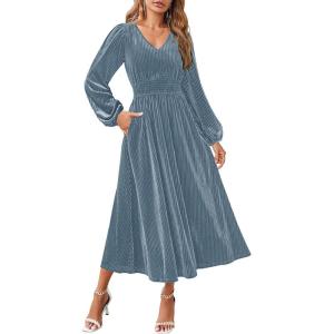 imageZESICA Womens Velvet Midi Dress 2025 Casual V Neck Long Sleeve Solid Color Elastic High Waist Flowy Evening Party DressesGrey Blue
