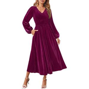 imageZESICA Womens Velvet Midi Dress 2025 Casual V Neck Long Sleeve Solid Color Elastic High Waist Flowy Evening Party DressesPlum