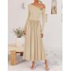 imageZESICA Womens 2025 Fall Long Sleeve Off Shoulder Maxi Dress Pleated Elegant Formal Wedding Guest Dresses with PocketsApricot