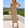 imageZESICA Womens 2025 Summer Strapless Bodycon Midi Dress Off Shoulder Sleeveless Side Slit Tube Long Club Party DressesKhaki