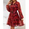 imageZESICA Womens Fall Floral Mini Dress 2025 Long Sleeve Button Down Chiffon A Line Flowy Short Shirt Dresses with BeltRed