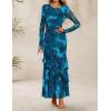 imageZESICA Womens Fall Floral Wedding Guest Bodycon Dresses 2025 Long Sleeve Crewneck Mesh Ruffle Mermaid Party Maxi DressBlue