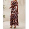 imageZESICA Womens Fall Floral Wedding Guest Bodycon Dresses 2025 Long Sleeve Crewneck Mesh Ruffle Mermaid Party Maxi DressBrown