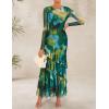 imageZESICA Womens Fall Floral Wedding Guest Bodycon Dresses 2025 Long Sleeve Crewneck Mesh Ruffle Mermaid Party Maxi DressGreen