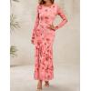 imageZESICA Womens Fall Floral Wedding Guest Bodycon Dresses 2025 Long Sleeve Crewneck Mesh Ruffle Mermaid Party Maxi DressPink