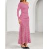 imageZESICA Womens Long Sleeve Off Shoulder Bodycon Dresses Fall 2025 Ruched Lace Wedding Guest Cocktail Formal Maxi DressPink