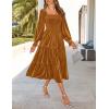 imageZESICA Womens Velvet Long Sleeve Dresses 2025 Fall Square Neck Smocked Ruffle A Line Flowy Midi Dress with PocketsCaramel