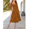 imageZESICA Womens Velvet Long Sleeve Dresses 2025 Fall Square Neck Smocked Ruffle A Line Flowy Midi Dress with PocketsCaramel