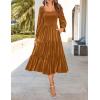imageZESICA Womens Velvet Long Sleeve Dresses 2025 Fall Square Neck Smocked Ruffle A Line Flowy Midi Dress with PocketsCaramel