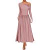 imageZESICA Womens 2025 Fall Long Sleeve Off Shoulder Maxi Dress Pleated Elegant Formal Wedding Guest Dresses with PocketsPink