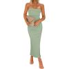 imageZESICA Womens 2025 Summer Strapless Bodycon Midi Dress Off Shoulder Sleeveless Side Slit Tube Long Club Party DressesSage