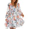 imageZESICA Womens Fall Floral Mini Dress 2025 Long Sleeve Button Down Chiffon A Line Flowy Short Shirt Dresses with BeltWhite