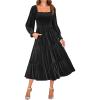 imageZESICA Womens Velvet Long Sleeve Dresses 2025 Fall Square Neck Smocked Ruffle A Line Flowy Midi Dress with PocketsBlack
