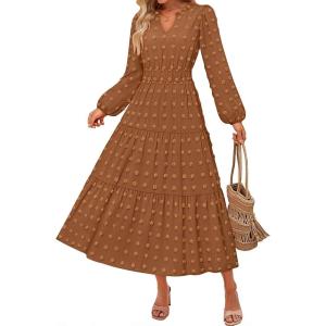 imageZESICA Boho Fall Maxi Dresses for Women 2025 Dressy Casual Long Sleeve Swiss Dot Tiered Flowy Swing Wedding Guest Long DressCaramel