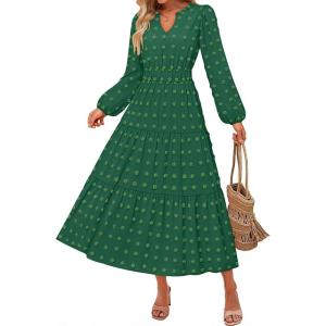 imageZESICA Boho Fall Maxi Dresses for Women 2025 Dressy Casual Long Sleeve Swiss Dot Tiered Flowy Swing Wedding Guest Long DressDarkgreen