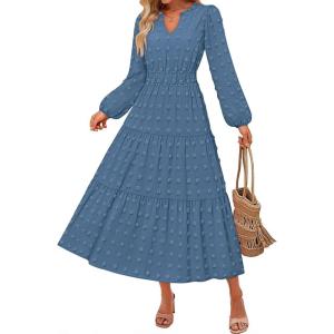 imageZESICA Boho Fall Maxi Dresses for Women 2025 Dressy Casual Long Sleeve Swiss Dot Tiered Flowy Swing Wedding Guest Long DressDustyblue