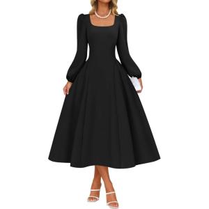 imageZESICA Fall Cocktail Dresses for Women Wedding Guest 2025 Elegant Long Sleeve Square Neck Swing Evening Prom Midi DressBlack