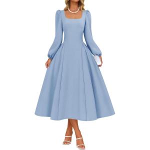 imageZESICA Fall Cocktail Dresses for Women Wedding Guest 2025 Elegant Long Sleeve Square Neck Swing Evening Prom Midi DressBlue
