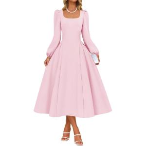 imageZESICA Fall Cocktail Dresses for Women Wedding Guest 2025 Elegant Long Sleeve Square Neck Swing Evening Prom Midi DressPink