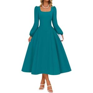 imageZESICA Fall Cocktail Dresses for Women Wedding Guest 2025 Elegant Long Sleeve Square Neck Swing Evening Prom Midi DressTeal