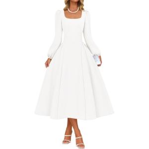 imageZESICA Fall Cocktail Dresses for Women Wedding Guest 2025 Elegant Long Sleeve Square Neck Swing Evening Prom Midi DressWhite