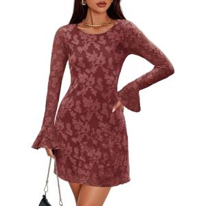 imageZESICA Fall Mini Dresses for Women 2025 Long Sleeve Floral Mesh Crewneck Bodycon Cocktail Party Club Short DressBrick Red