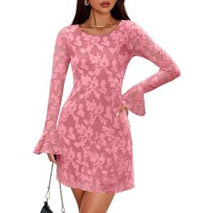 imageZESICA Fall Mini Dresses for Women 2025 Long Sleeve Floral Mesh Crewneck Bodycon Cocktail Party Club Short DressPink