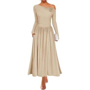 imageZESICA Womens 2025 Fall Long Sleeve Off Shoulder Maxi Dress Pleated Elegant Formal Wedding Guest Dresses with PocketsApricot