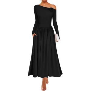 imageZESICA Womens 2025 Fall Long Sleeve Off Shoulder Maxi Dress Pleated Elegant Formal Wedding Guest Dresses with PocketsBlack
