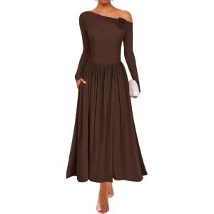 imageZESICA Womens 2025 Fall Long Sleeve Off Shoulder Maxi Dress Pleated Elegant Formal Wedding Guest Dresses with PocketsBrown