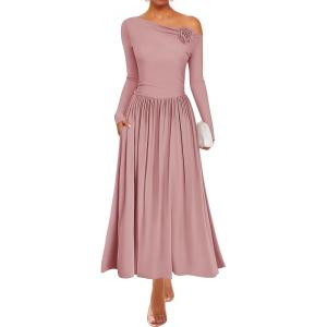imageZESICA Womens 2025 Fall Long Sleeve Off Shoulder Maxi Dress Pleated Elegant Formal Wedding Guest Dresses with PocketsPink