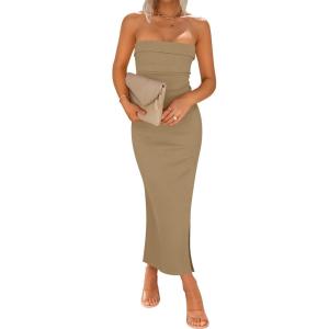 imageZESICA Womens 2025 Summer Strapless Bodycon Midi Dress Off Shoulder Sleeveless Side Slit Tube Long Club Party DressesKhaki