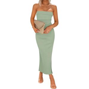 imageZESICA Womens 2025 Summer Strapless Bodycon Midi Dress Off Shoulder Sleeveless Side Slit Tube Long Club Party DressesSage