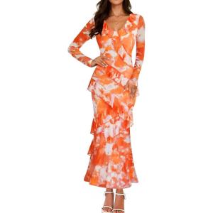 imageZESICA Womens Fall Floral Long Sleeve Maxi Dress 2025 Boho Bodycon V Neck Ruffle Wedding Party Long DressesOrange