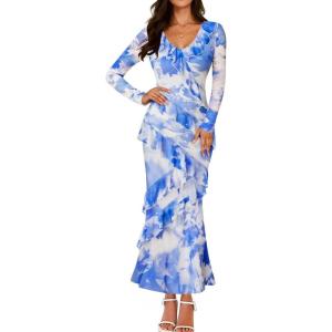 imageZESICA Womens Fall Floral Long Sleeve Maxi Dress 2025 Boho Bodycon V Neck Ruffle Wedding Party Long DressesSky