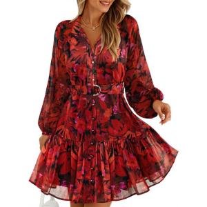 imageZESICA Womens Fall Floral Mini Dress 2025 Long Sleeve Button Down Chiffon A Line Flowy Short Shirt Dresses with BeltRed