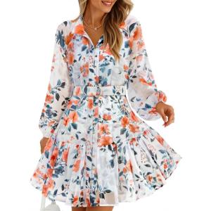 imageZESICA Womens Fall Floral Mini Dress 2025 Long Sleeve Button Down Chiffon A Line Flowy Short Shirt Dresses with BeltWhite