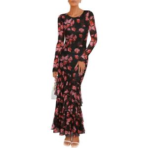 imageZESICA Womens Fall Floral Wedding Guest Bodycon Dresses 2025 Long Sleeve Crewneck Mesh Ruffle Mermaid Party Maxi DressBlack