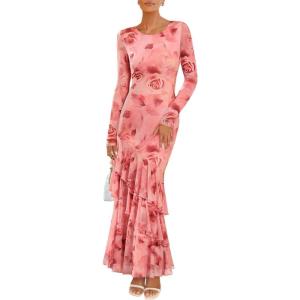 imageZESICA Womens Fall Floral Wedding Guest Bodycon Dresses 2025 Long Sleeve Crewneck Mesh Ruffle Mermaid Party Maxi DressPink