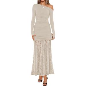 imageZESICA Womens Long Sleeve Off Shoulder Bodycon Dresses Fall 2025 Ruched Lace Wedding Guest Cocktail Formal Maxi DressApricot