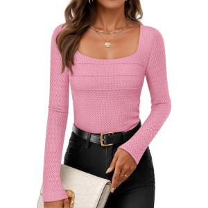 imageZESICA Womens Long Sleeve Shirts 2025 Fall Fashion Square Neck Slim Fit Basic Going Out Tops Trendy OutfitsPink