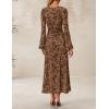 imageZESICA Womens Long Sleeve Floral Bodycon Dress 2025 Fall Fashion Ruched Mesh Wedding Guest Cocktail Party Maxi DressesBrown