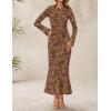 imageZESICA Womens Long Sleeve Floral Bodycon Dress 2025 Fall Fashion Ruched Mesh Wedding Guest Cocktail Party Maxi DressesBrown